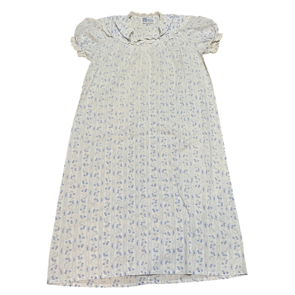 Vintage Accentuette Lanz Cottage Nightgown Blue White Floral Stripe Eyelet Lace